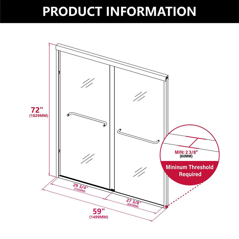 iBath Semi-Frameless Double Sliding Shower Door, 56–60" W x 72" H, Clear Glass, Brushed Nickel, Model TMDS-5972-BN