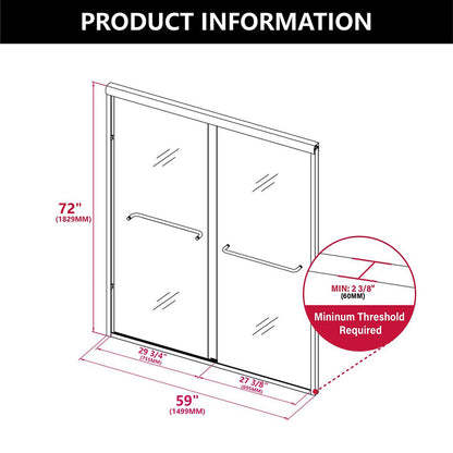iBath Semi-Frameless Double Sliding Shower Door, 56–60" W x 72" H, Clear Glass, Brushed Nickel, Model TMDS-5972-BN
