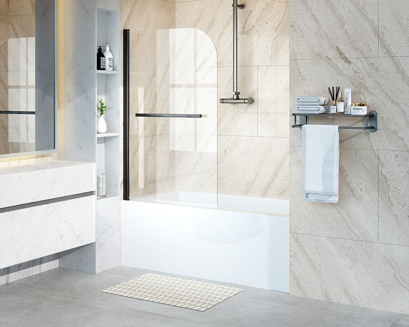 iBath Frameless Pivot Tub Door, 35" W × 55" H, 1/5" Clear Tempered Glass, Matte Black, 180° Rotatable with Towel Bar