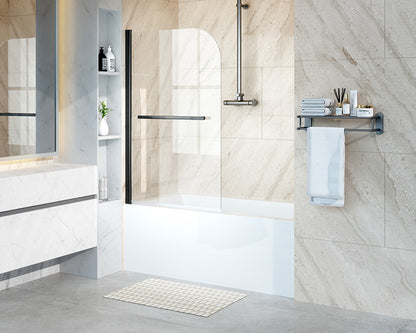 iBath Frameless Pivot Tub Door, 35" W × 55" H, 1/5" Clear Tempered Glass, Matte Black, 180° Rotatable with Towel Bar