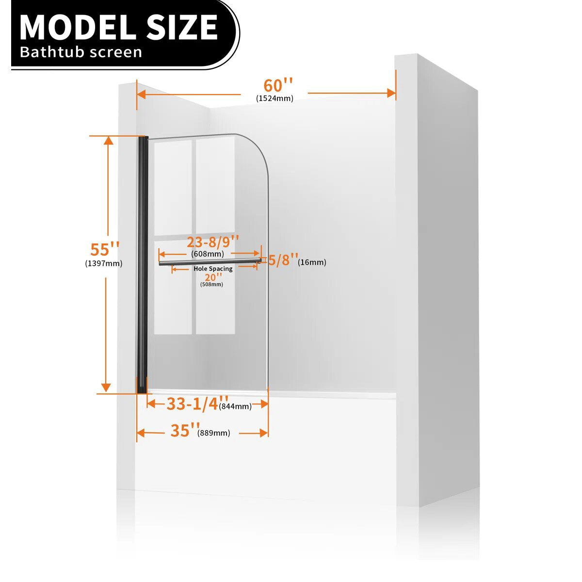 iBath Frameless Pivot Tub Door, 35" W × 55" H, 1/5" Clear Tempered Glass, Matte Black, 180° Rotatable with Towel Bar