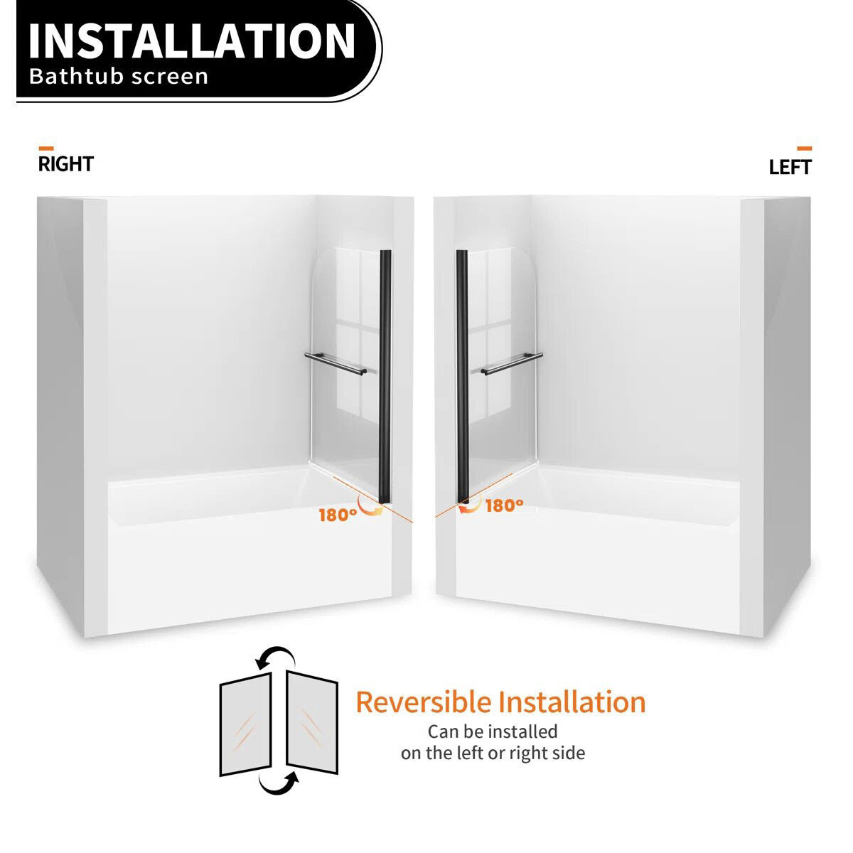 iBath Frameless Pivot Tub Door, 35" W × 55" H, 1/5" Clear Tempered Glass, Matte Black, 180° Rotatable with Towel Bar