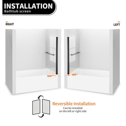 iBath Frameless Pivot Tub Door, 35" W × 55" H, 1/5" Clear Tempered Glass, Matte Black, 180° Rotatable with Towel Bar