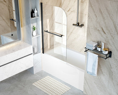 iBath Frameless Pivot Tub Door, 35" W × 55" H, 1/5" Clear Tempered Glass, Matte Black, 180° Rotatable with Towel Bar