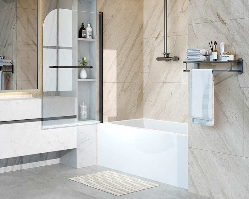 iBath Frameless Pivot Tub Door, 35" W × 55" H, 1/5" Clear Tempered Glass, Matte Black, 180° Rotatable with Towel Bar