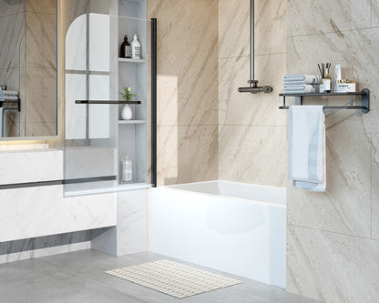 iBath Frameless Pivot Tub Door, 35" W × 55" H, 1/5" Clear Tempered Glass, Matte Black, 180° Rotatable with Towel Bar