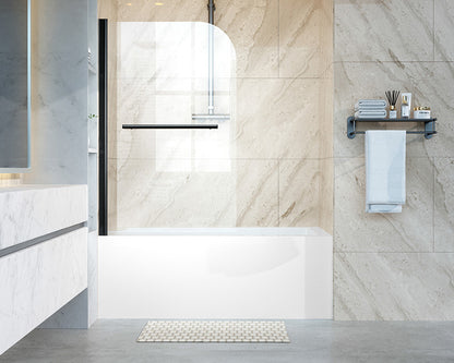 iBath Frameless Pivot Tub Door, 35" W × 55" H, 1/5" Clear Tempered Glass, Matte Black, 180° Rotatable with Towel Bar