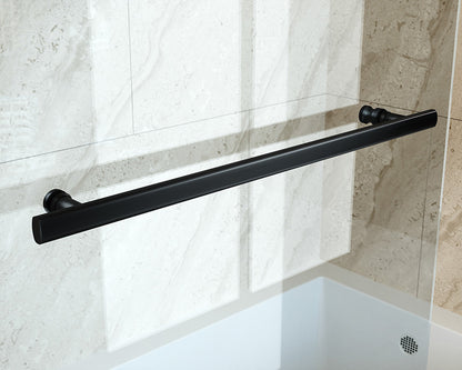 iBath Frameless Pivot Tub Door, 35" W × 55" H, 1/5" Clear Tempered Glass, Matte Black, 180° Rotatable with Towel Bar