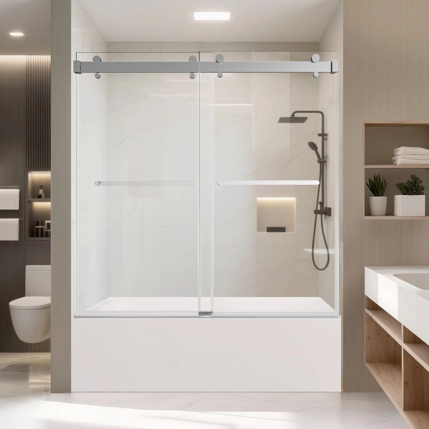 iBath Frameless Bathtub Door 56-60" W × 60" H 3/8" SGCC Tempered Glass Easy Clean