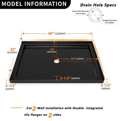 Double Threshold Shower Base, 48 in. L x 32 in. W Center Drain Shower Pan, Right Hand, Black - ibathshowers