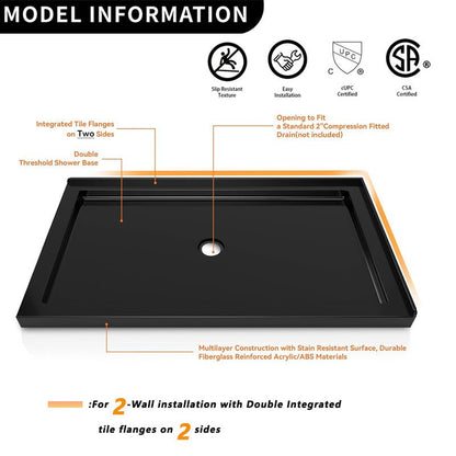 Double Threshold Shower Base, 48 in. L x 32 in. W Center Drain Shower Pan, Right Hand, Black - ibathshowers