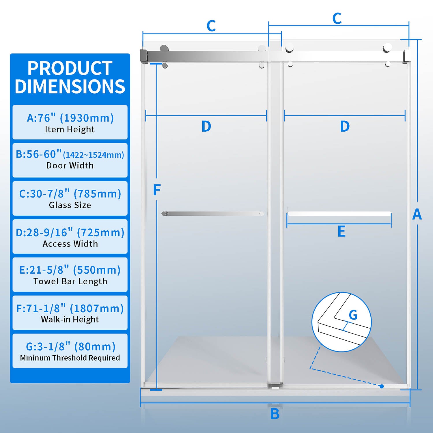 iBath Frameless Sliding Shower Door - Chrome Finish, Adjustable 56