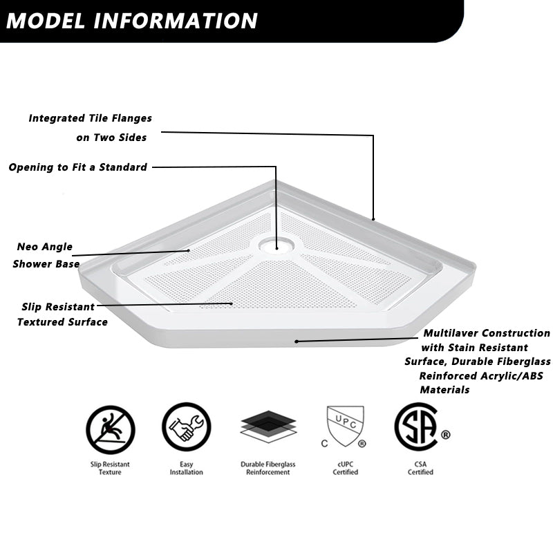 iBath 38" x 38" Neo Angle Corner Shower Base – Slip Resistant Textured Drain Pan in White - ibathshowers