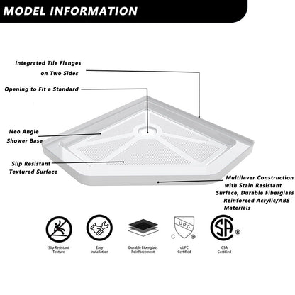 iBath 38" x 38" Neo Angle Corner Shower Base – Slip Resistant Textured Drain Pan in White - ibathshowers