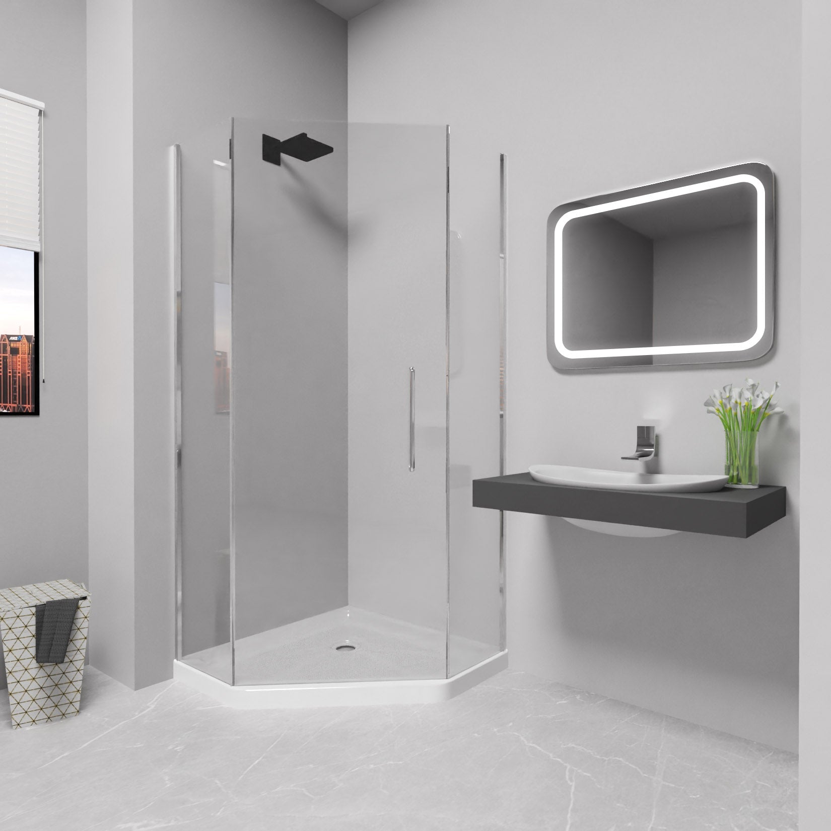 iBath 38" x 38" Neo Angle Corner Shower Base – Slip Resistant Textured Drain Pan in White - ibathshowers