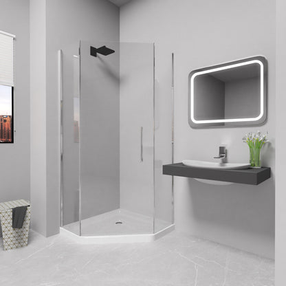 iBath 38" x 38" Neo Angle Corner Shower Base – Slip Resistant Textured Drain Pan in White - ibathshowers