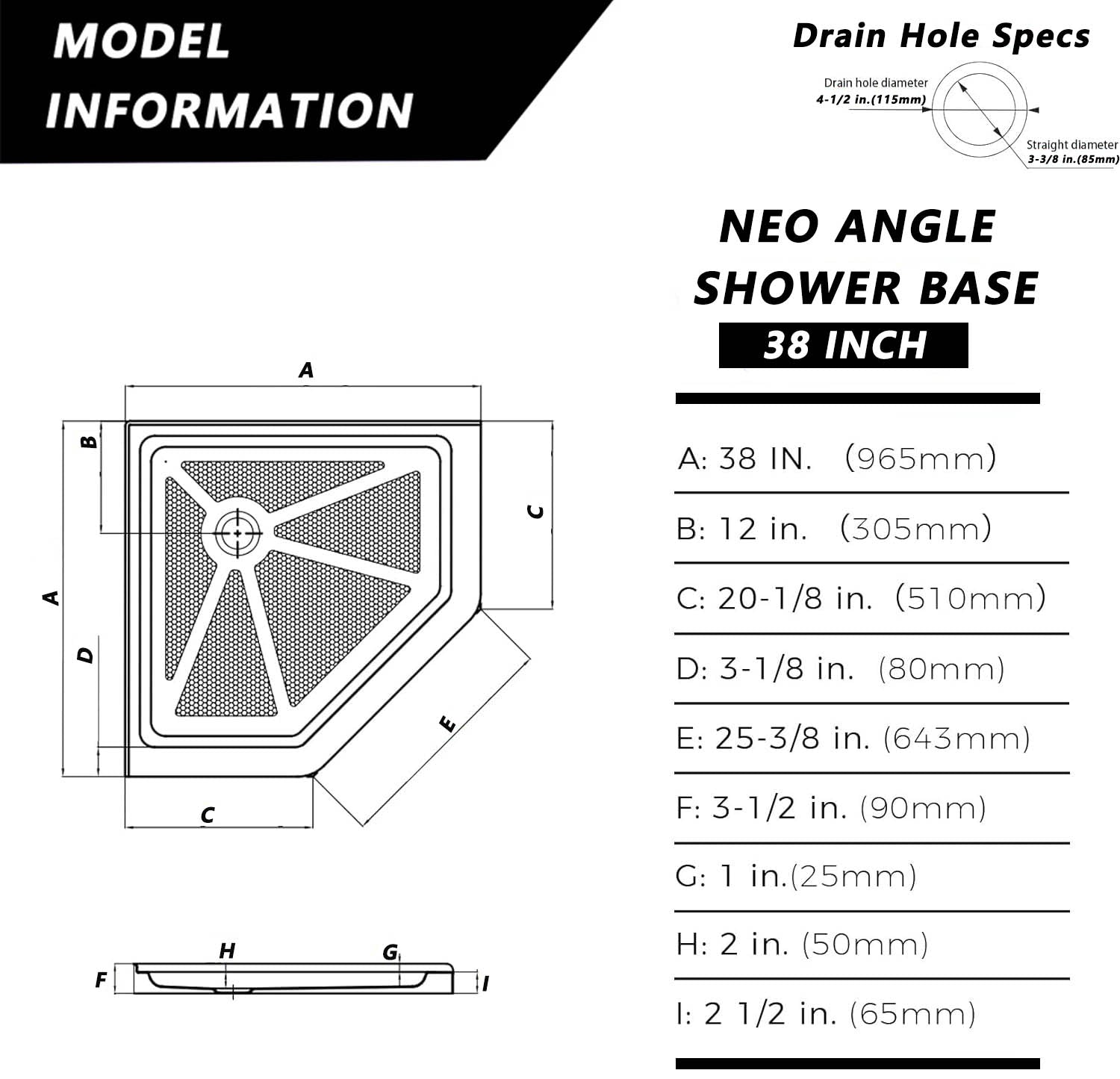iBath 38" x 38" Neo Angle Corner Shower Base – Slip Resistant Textured Drain Pan in White - ibathshowers