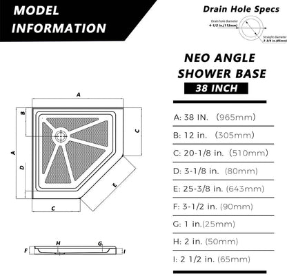 iBath 38" x 38" Neo Angle Corner Shower Base – Slip Resistant Textured Drain Pan in White - ibathshowers