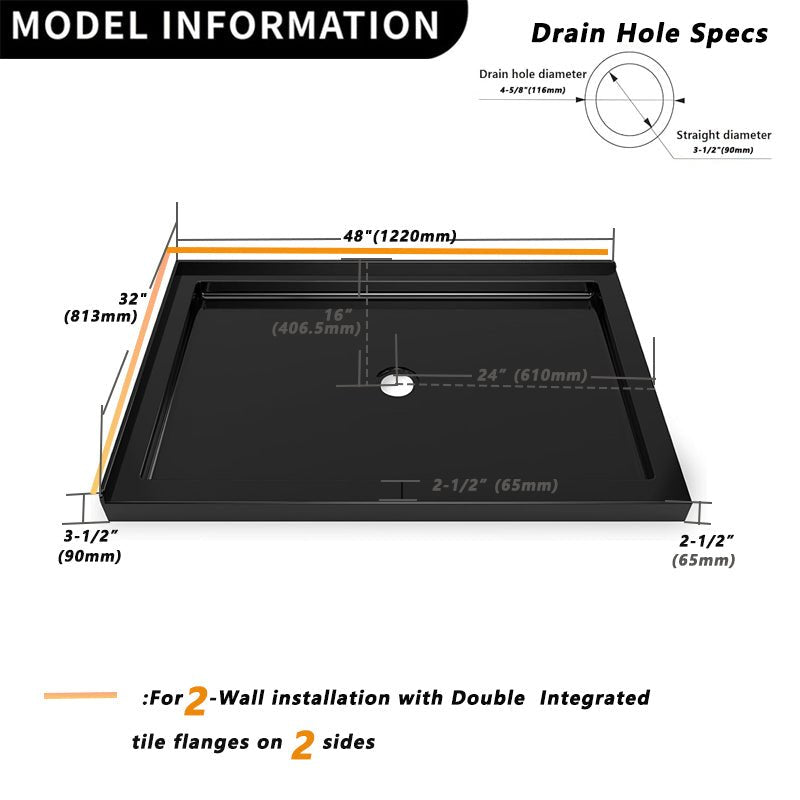 iBath 48" x 32" Black Shower Base – Double Threshold, Center Drain, Left - Side Flange, Durable Acrylic - ibathshowers