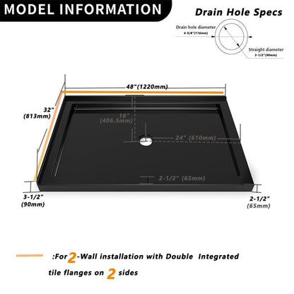 iBath 48" x 32" Black Shower Base – Double Threshold, Center Drain, Left - Side Flange, Durable Acrylic - ibathshowers