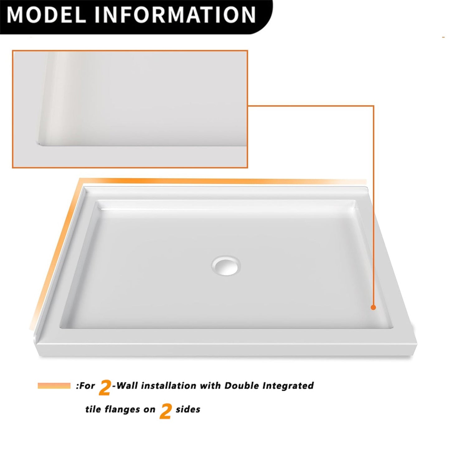iBath 48" x 32" White Shower Base – Double Threshold, Center Drain, Left - Hand Flange, Durable Acrylic Pan - ibathshowers
