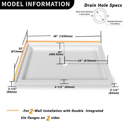 iBath 48" x 32" White Shower Base – Double Threshold, Center Drain, Left - Hand Flange, Durable Acrylic Pan - ibathshowers