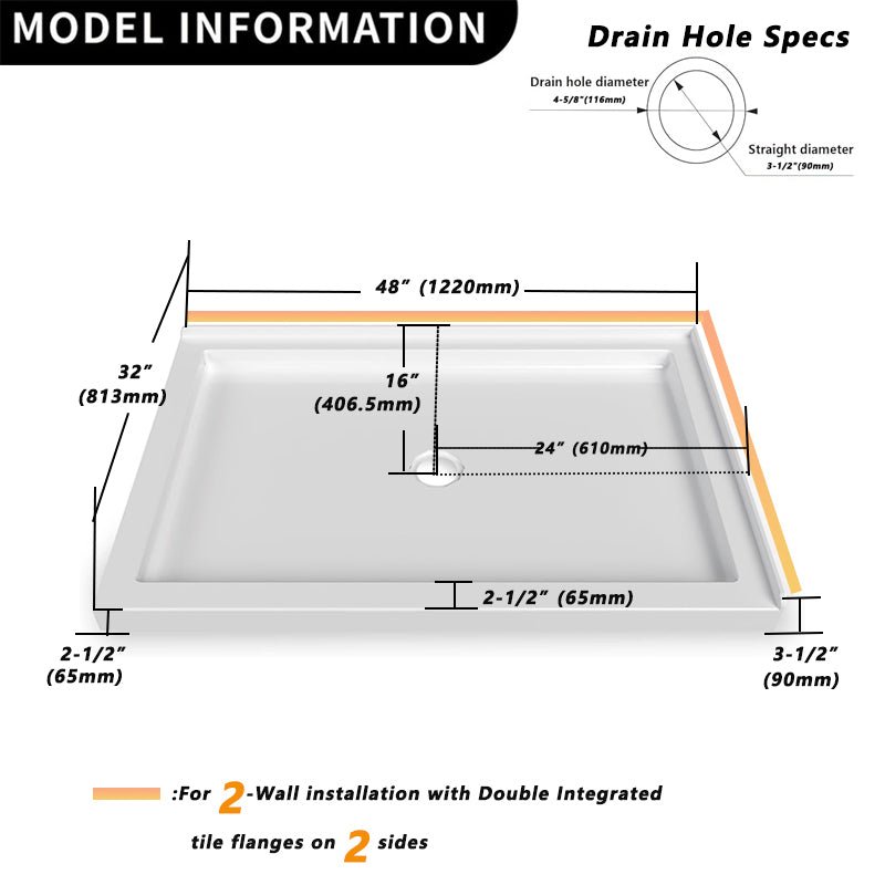 iBath 48" x 32" White Shower Base – Double Threshold, Center Drain, Right - Hand Flange, Durable Acrylic Pan - ibathshowers