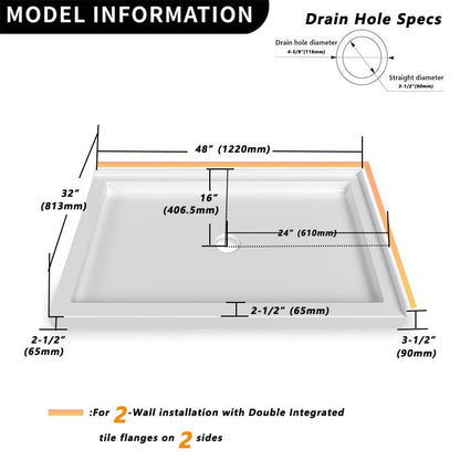 iBath 48" x 32" White Shower Base – Double Threshold, Center Drain, Right - Hand Flange, Durable Acrylic Pan - ibathshowers