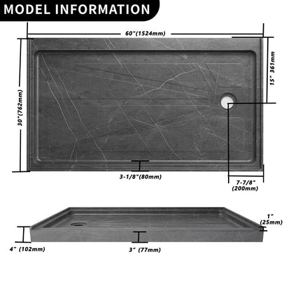 Ibath 60" x 30" Right Drain Fiberglass Shower Base, Slip - Resistant Marble Grey - ibathshowers