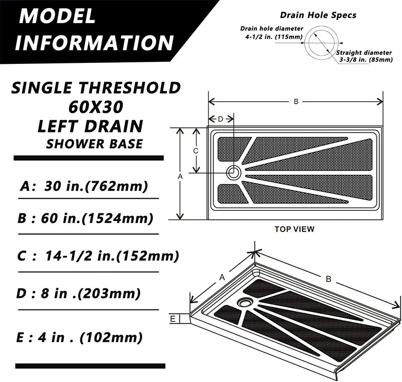 iBath 60" x 30" Single Threshold Shower Base, Left Drain, Slip - Resistant Textured Acrylic Shower Pan – Black - ibathshowers