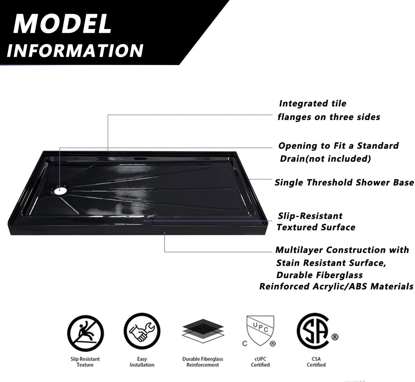 iBath 60" x 30" Single Threshold Shower Base, Left Drain, Slip - Resistant Textured Acrylic Shower Pan – Black - ibathshowers