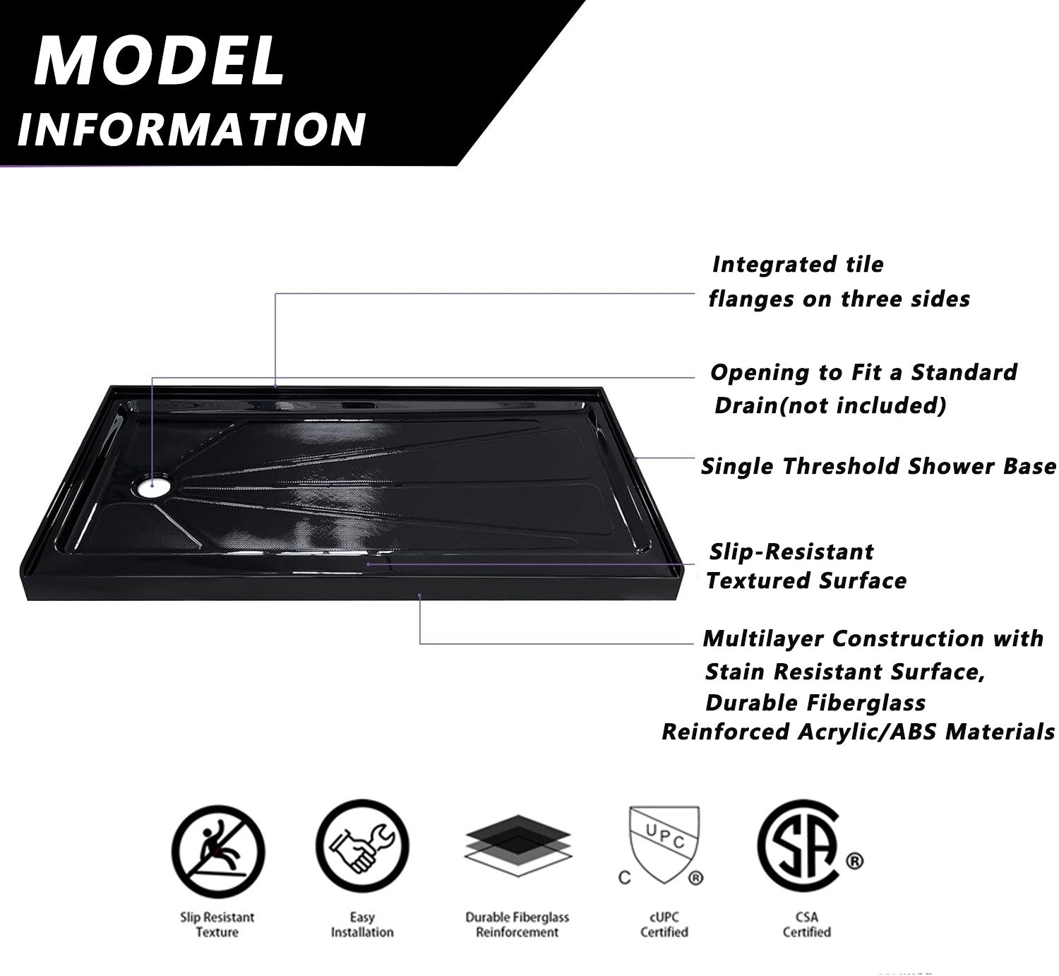 iBath 60" x 30" Single Threshold Shower Base, Left Drain, Slip - Resistant Textured Acrylic Shower Pan – Black - ibathshowers