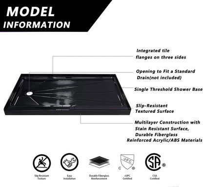 iBath 60" x 30" Single Threshold Shower Base, Left Drain, Slip - Resistant Textured Acrylic Shower Pan – Black - ibathshowers