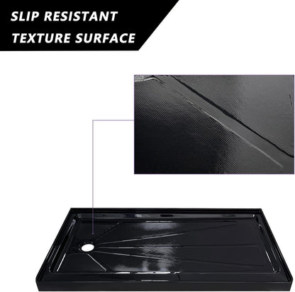 iBath 60" x 30" Single Threshold Shower Base, Left Drain, Slip - Resistant Textured Acrylic Shower Pan – Black - ibathshowers