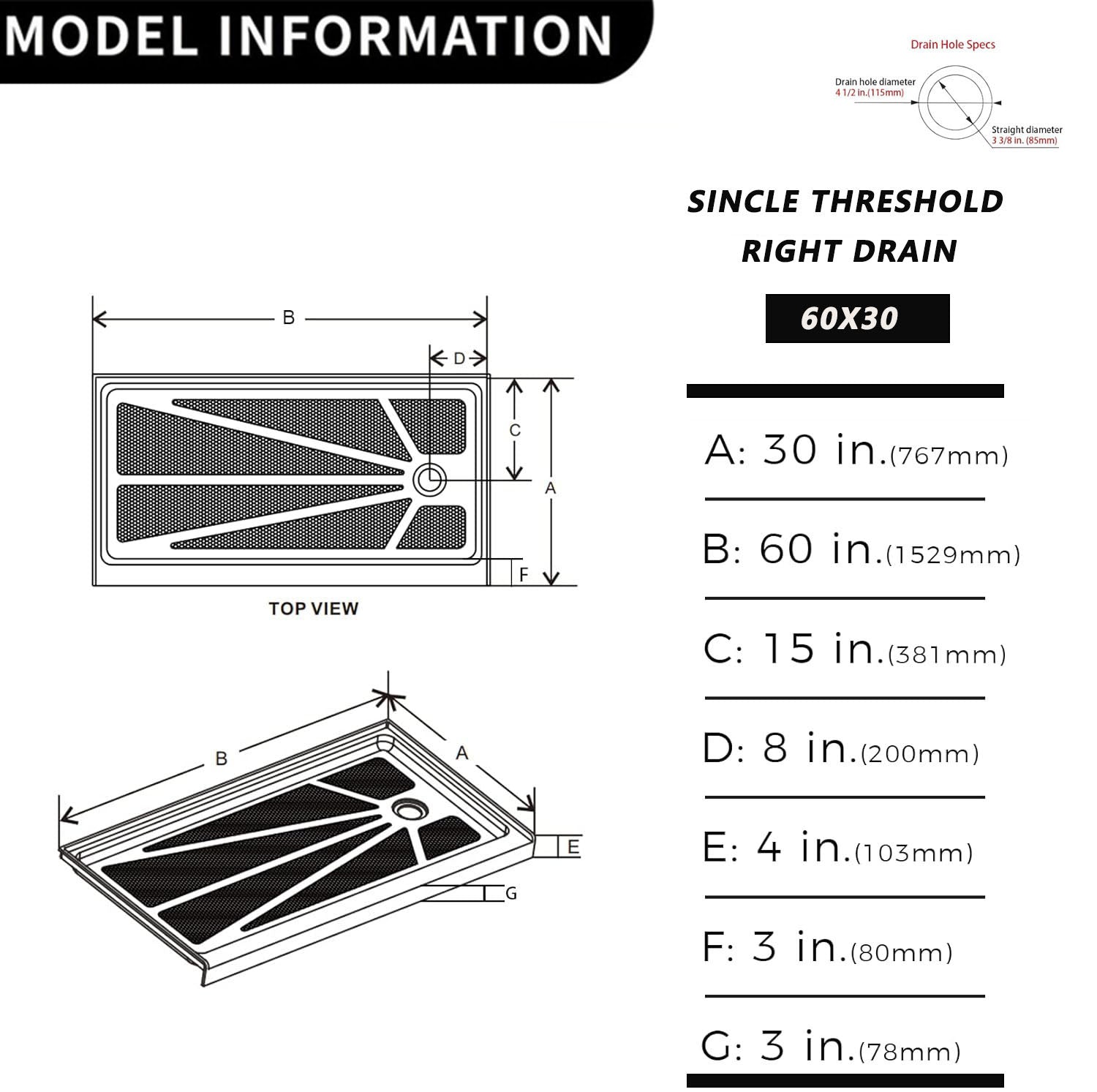 iBath 60" x 30" Single Threshold Shower Base, Right Drain, Slip - Resistant Acrylic Shower Pan – White - ibathshowers