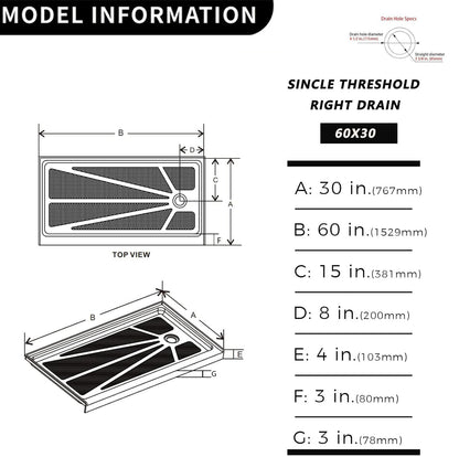 iBath 60" x 30" Single Threshold Shower Base, Right Drain, Slip - Resistant Acrylic Shower Pan – White - ibathshowers