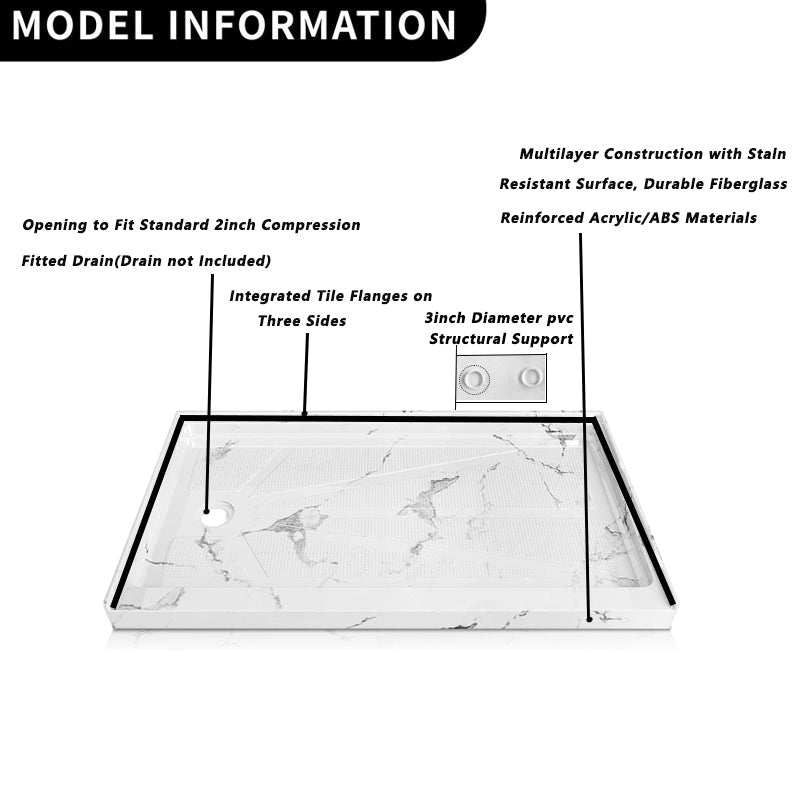 iBath 60" x 30"Left Drain Shower Base - Single Threshold, Slip - Resistant Marble White Shower Pan for Modern Bathrooms - ibathshowers