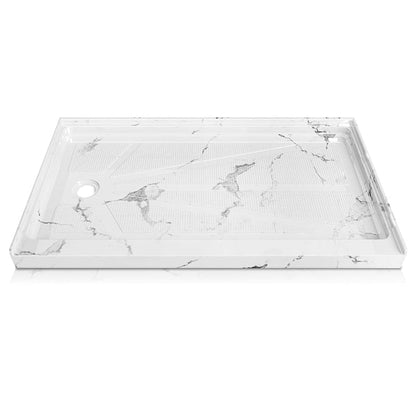 iBath 60" x 30"Left Drain Shower Base - Single Threshold, Slip - Resistant Marble White Shower Pan for Modern Bathrooms - ibathshowers