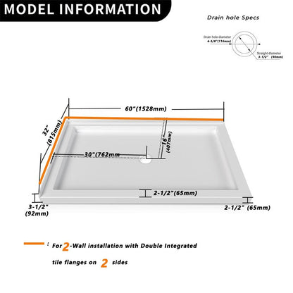 iBath 60" x 32" Shower Base – Double Threshold, Center Drain, Left - Side Design, White - ibathshowers
