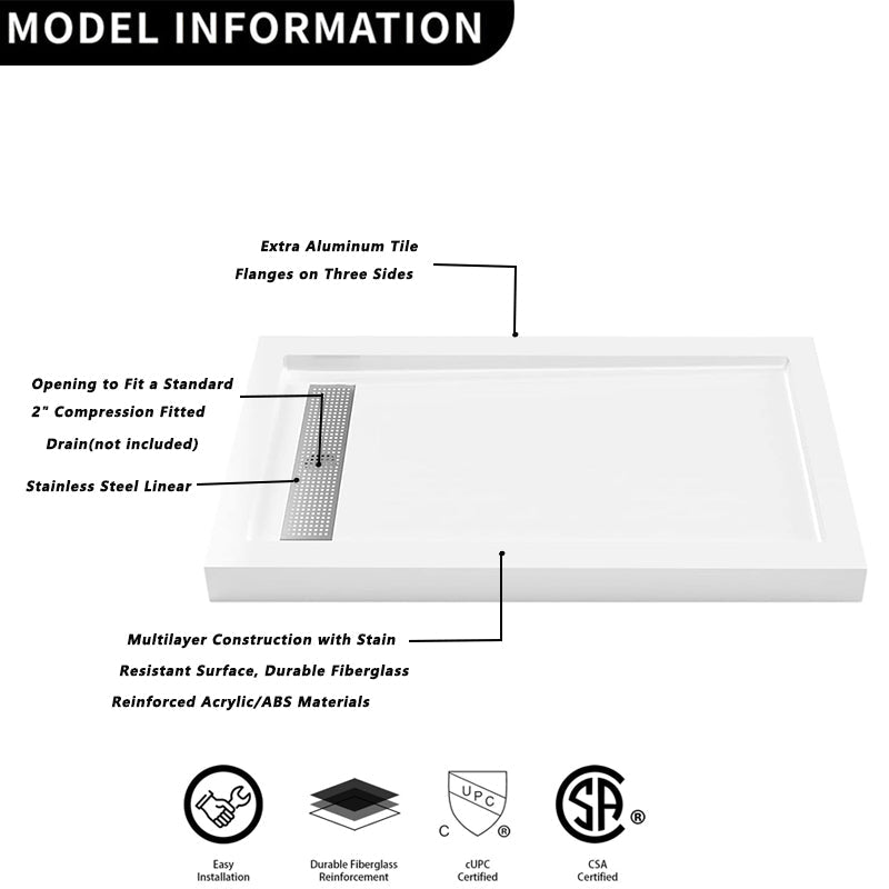 iBath 60" x 32" White Shower Base – Acrylic Pan with 304 Stainless Steel Linear Drain Cover & 3 Aluminum Flanges - ibathshowers