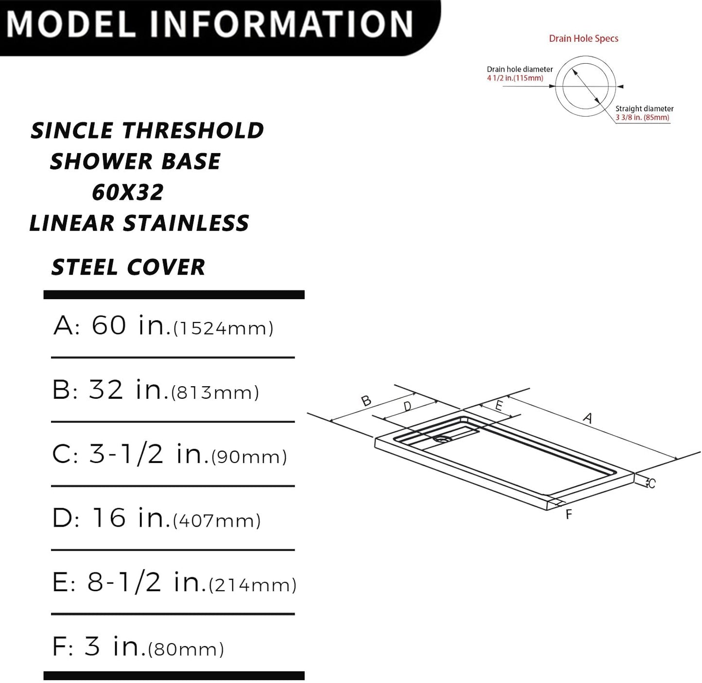 iBath 60" x 32" White Shower Base – Acrylic Pan with 304 Stainless Steel Linear Drain Cover & 3 Aluminum Flanges - ibathshowers