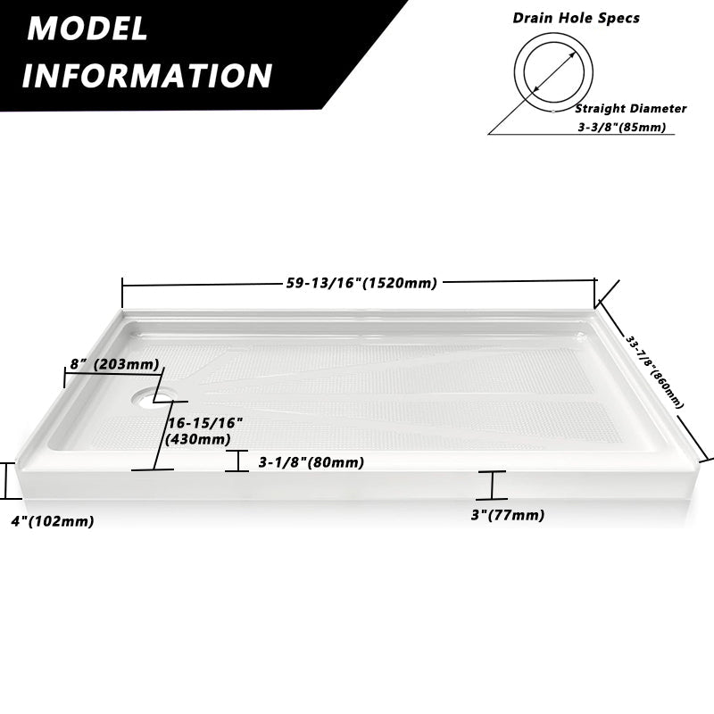 iBath 60" x 34" White Acrylic Single Threshold Shower Base with Left Drain and Slip - Resistant Textured Surface - ibathshowers