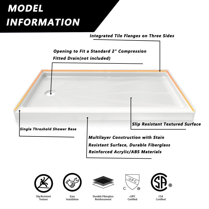 iBath 60" x 34" White Acrylic Single Threshold Shower Base with Left Drain and Slip - Resistant Textured Surface - ibathshowers