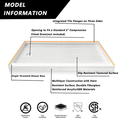 iBath 60" x 34" White Acrylic Single Threshold Shower Base with Left Drain and Slip - Resistant Textured Surface - ibathshowers