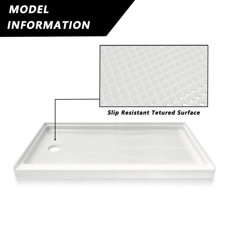 iBath 60" x 34" White Acrylic Single Threshold Shower Base with Left Drain and Slip - Resistant Textured Surface - ibathshowers