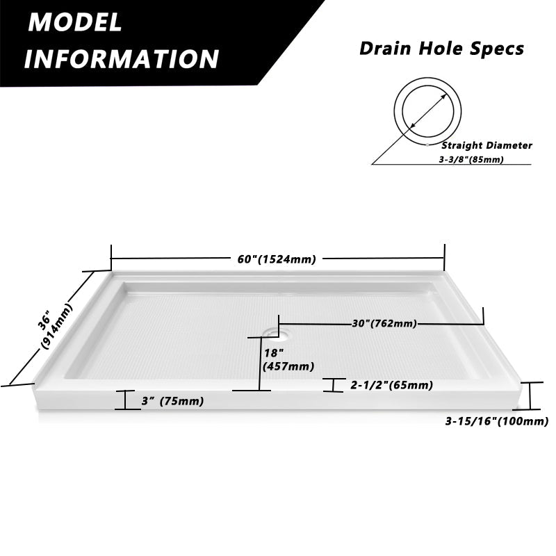 iBath 60" x 36" Center Drain Shower Base, Single Threshold Acrylic Shower Pan with Slip - Resistant Textured Surface, White – Durable & Easy to Clean. - ibathshowers