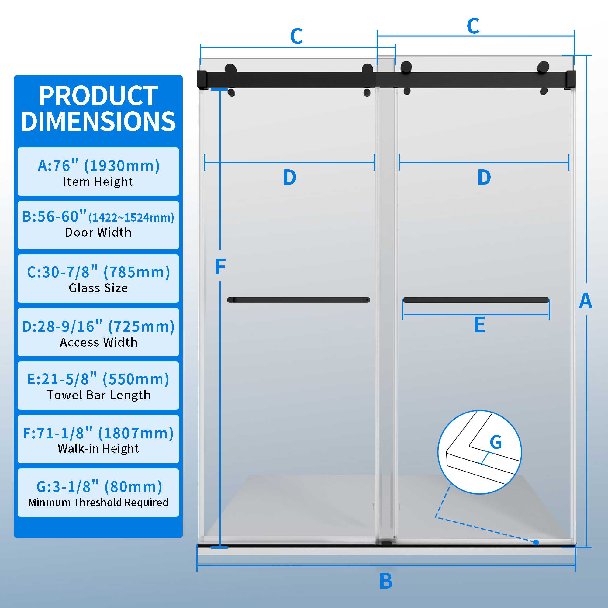 iBath IB-RM6076-MB Frameless Double-Sliding Shower Door – Adjustable 56