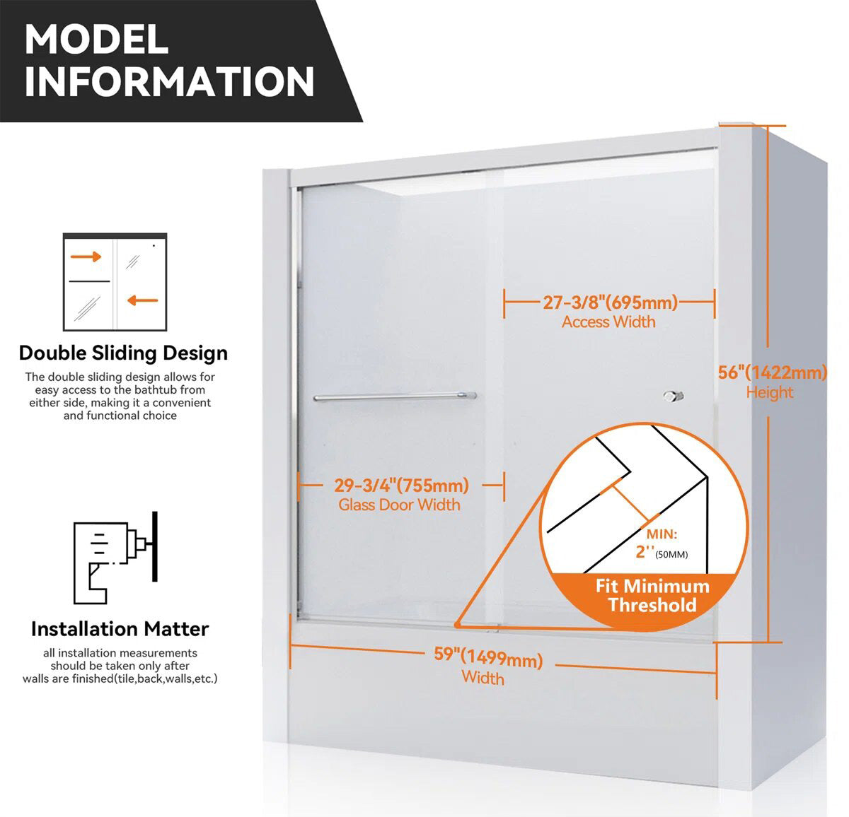 iBath Semi-Frameless Bathtub Door 56–60" W x 56" H, Chrome, BE-5956-CH