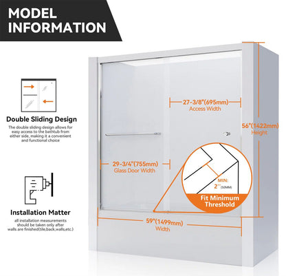 iBath Semi-Frameless Bathtub Door 56–60" W x 56" H, Chrome, BE-5956-CH