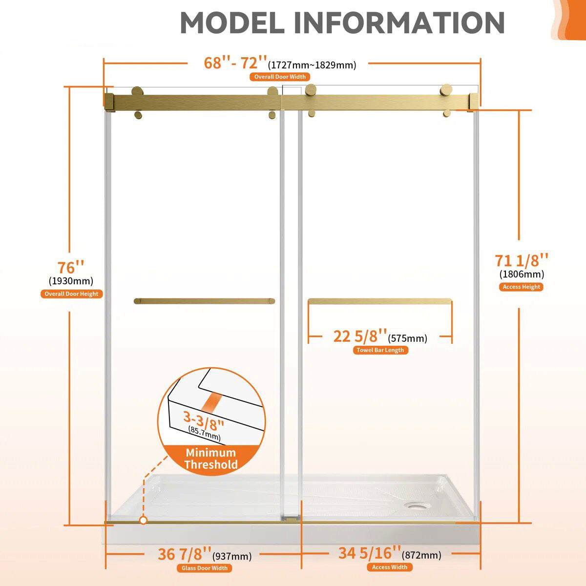 72" W x 76" H Frameless Sliding Shower Door, 4" Adjustable, Reversible KDS-7276-BG-W